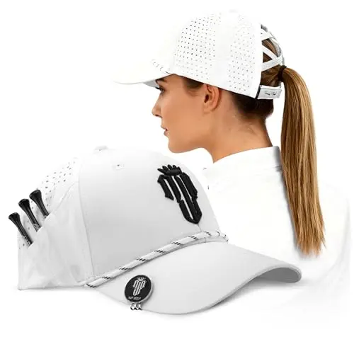 White women's golf cap with crisscross back and built-in tee holders