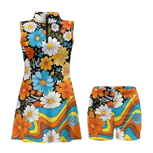 Xpyeesfuen women's hippie flower print sleeveless golf tennis two-piece dress set with shorts