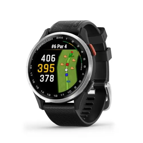 Garmin Approach S44 golf GPS watch with a silver aluminum bezel and black silicone band.