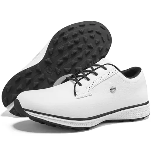 Zakey white and black spikeless golf sneaker with a classic design.