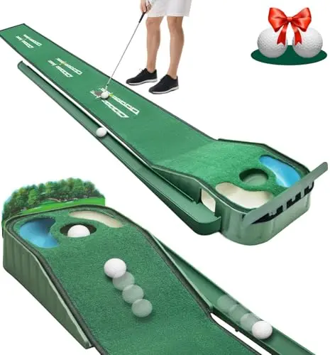 Zcoorey putting mat with hazard holes, ball return tracks, and interchangeable backboards on a rug
