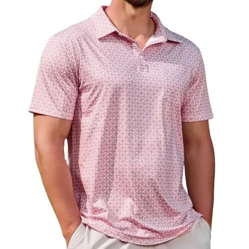 Lexiart Men's Golf Polo Shirt with Chest Pocket in a Pink Print Pattern