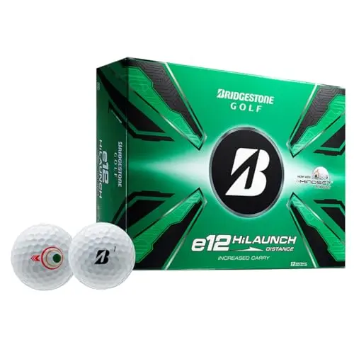 Bridgestone e12 HiLaunch White golf ball in flight against a blue sky