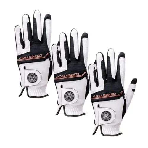 Copper Tech Plus men's 3-pack golf gloves in white and black, showcasing the compression fit design.