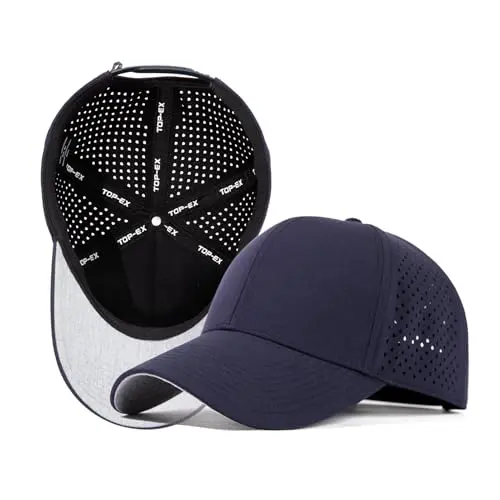 TOP-EX navy blue snapback baseball cap with a hydro-performance finish, shown with a curved brim.