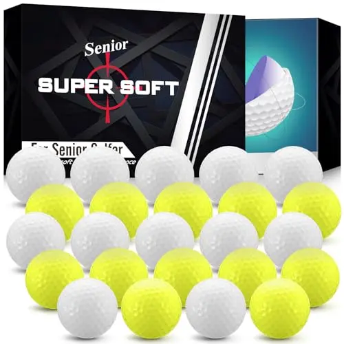 Seenelling package of yellow and white soft golf balls spilling out