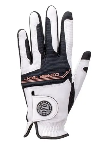 Copper Tech Plus women's golf glove in white and black with a sleek, compression-fit design.