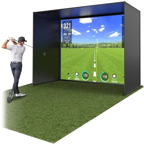 GoSports 12x9 ft Golf Simulator Enclosure Net with black frame and screen