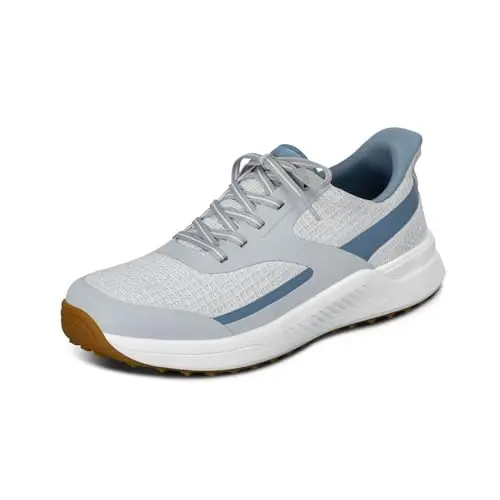 Blue and white Orthofeet hands-free slip-on golf shoes
