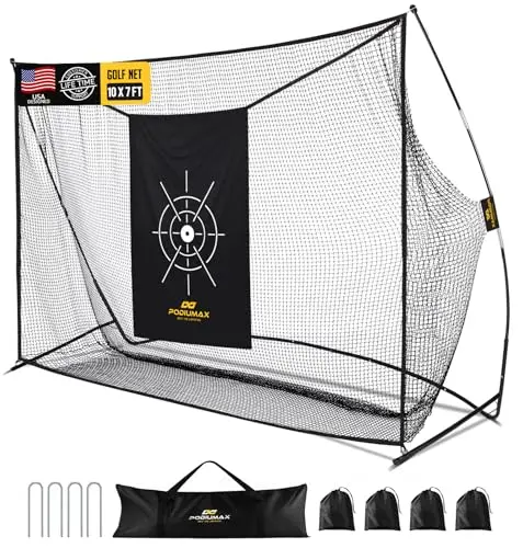 PodiuMax 10x7ft black golf net with triangular base and white target cloth.