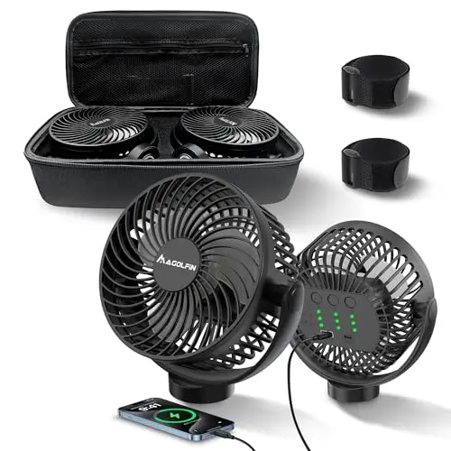 Two MAGOLFIN magnetic fans with carrying case for a golf cart