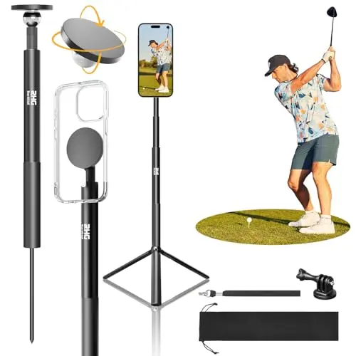 River Hill Golf monopod stick with tri-leg tripod base, spike stake mount, and magnetic phone holder