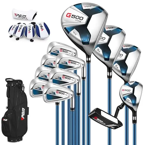 PGM G500 premium golf club set with titanium driver, stainless steel irons, and a blue stand bag.