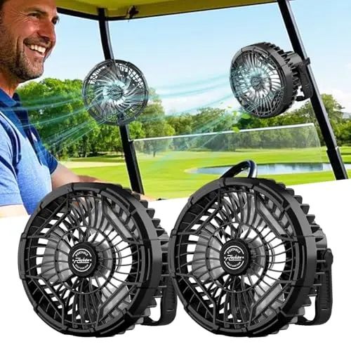 ROYKAW golf cart fan with a handle and LED light mounted on a bar