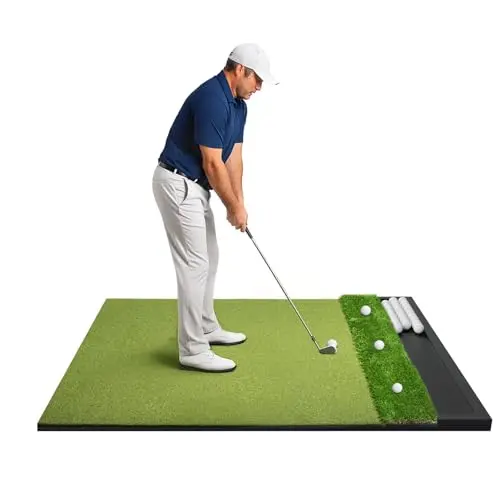 Ponsonbay dual-turf golf practice mat with integrated ball tray
