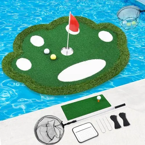 KEMLDIVS patented floating golf green with scoreboard and ball retriever net on a pool