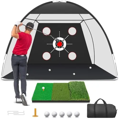 Zensouds 10x7 foot black golf net with multiple target pockets and included practice mat