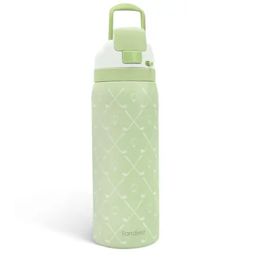 SANDJEST 32oz stainless steel golf water bottle with push-button straw lid