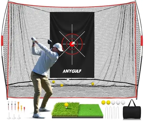 Anygulf 10x7 foot black heavy duty golf net with dual-turf mat and accessories