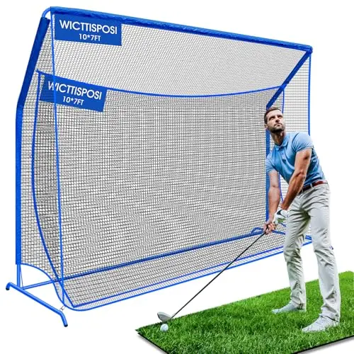WICTTISPOSI blue cube-shaped golf hitting cage with metal frame and extra striking net