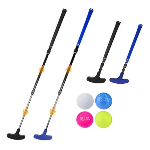 Blue and red adjustable length golf putters with golf balls