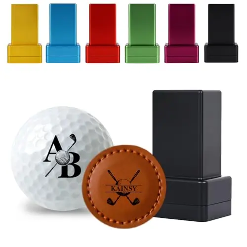 KAINSY custom self-inking golf ball stamp in a black case, next to a personalized golf ball.
