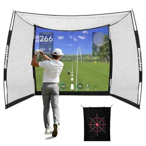MangoStar extra large 11x8 foot golf simulator cage with black and white impact screen