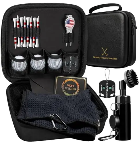 Coralogo golf gift set in black case with balls, tees, divot tool, brush, towel, scorer, and greeting card