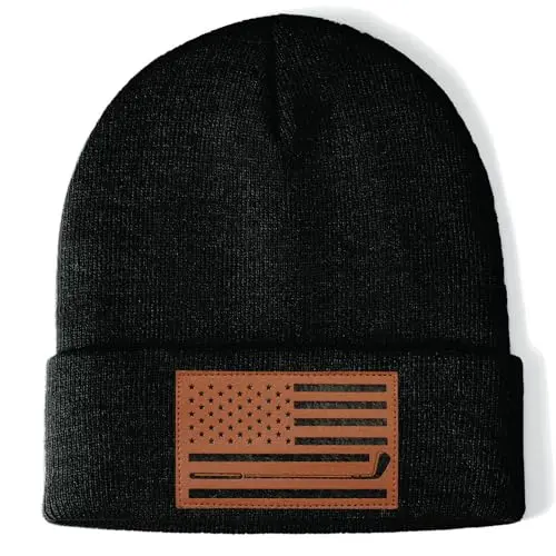 Black beanie hat with American flag and golf club leather patch