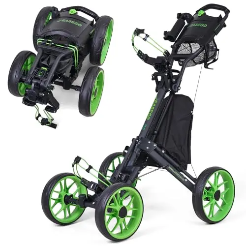 EASEGO 4-wheel golf push cart in lime green, showing its wide stance