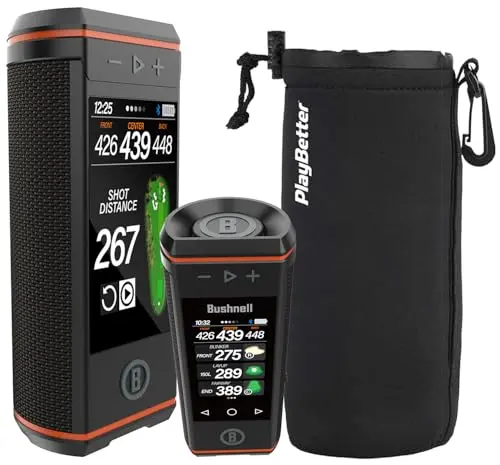 Bushnell Wingman HD GPS Speaker with color touchscreen attached to a golf cart
