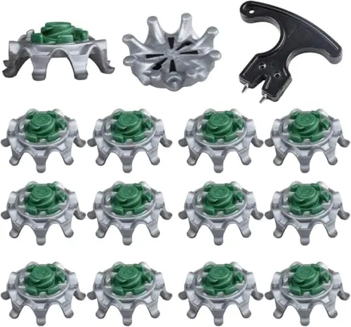 YAFALA 50-piece golf shoe spikes with included wrench on a green background