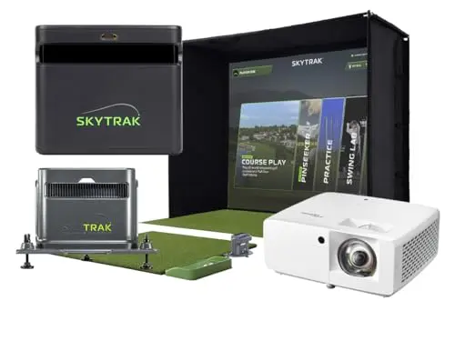 SkyTrak ST MAX Golf Simulator Ultimate Studio Package with launch monitor, screen, and projector